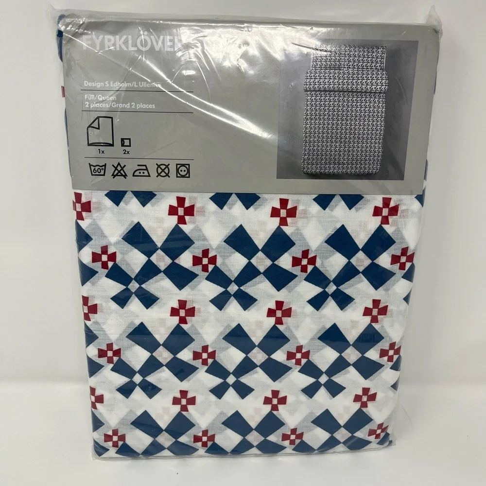 IKEA FYRKLOVER Cotton Bed Cover Duvet Full Queen 2 Pillow Cases Red Blue NWT
